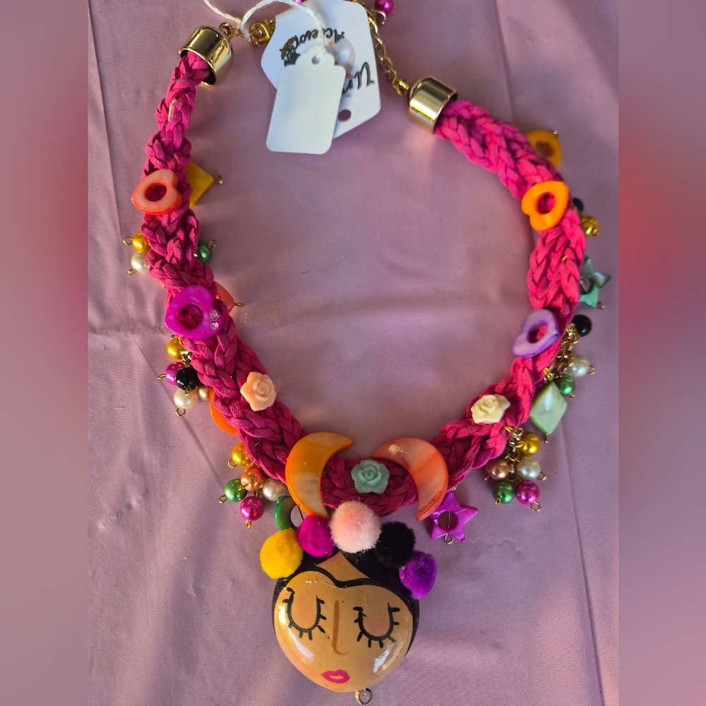 Colorful Handmade Necklace with Pink Braided Cord